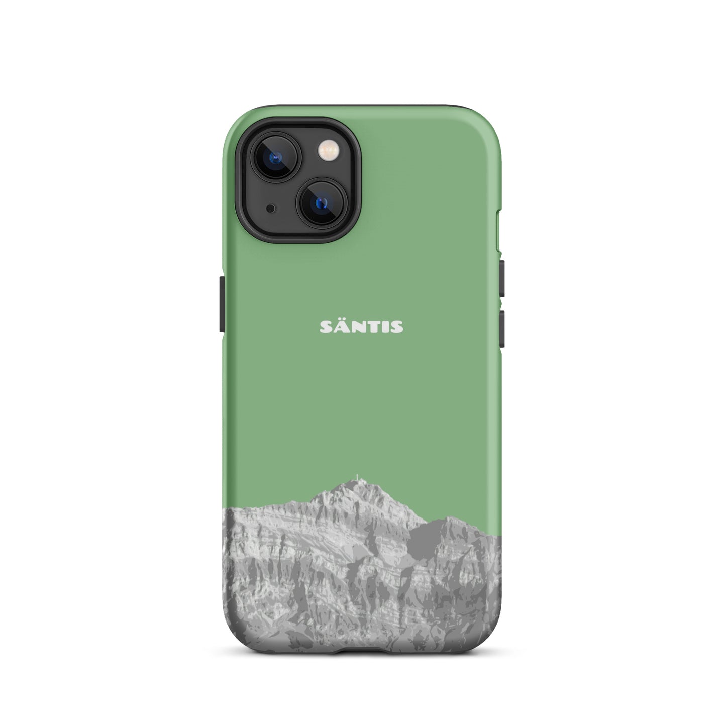 Hülle für das iPhone 13 Mini von Apple in der Farbe Hellgrün, dass den Säntis im Alpstein zeigt.