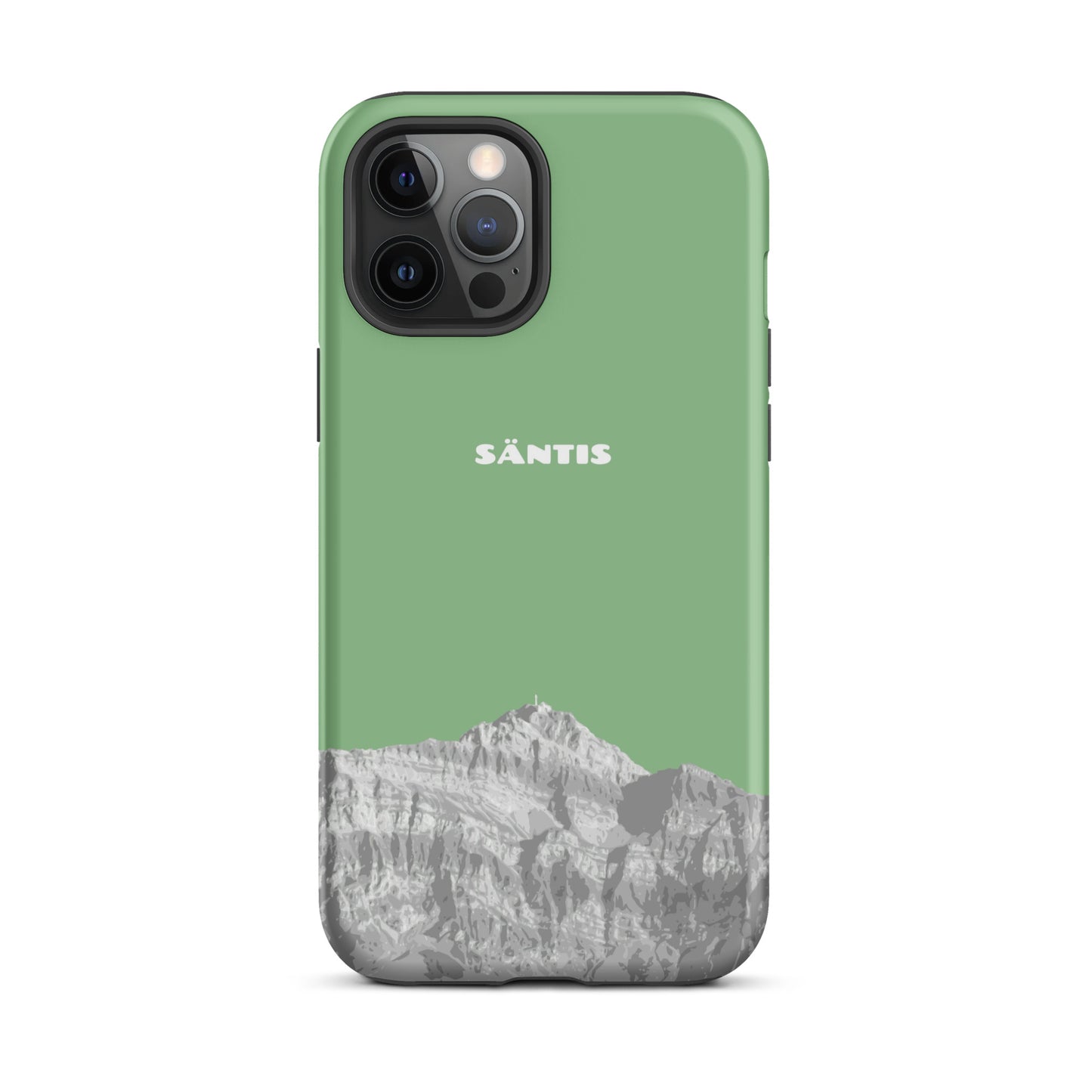 Hülle für das iPhone 12 Pro Max von Apple in der Farbe Hellgrün, dass den Säntis im Alpstein zeigt.