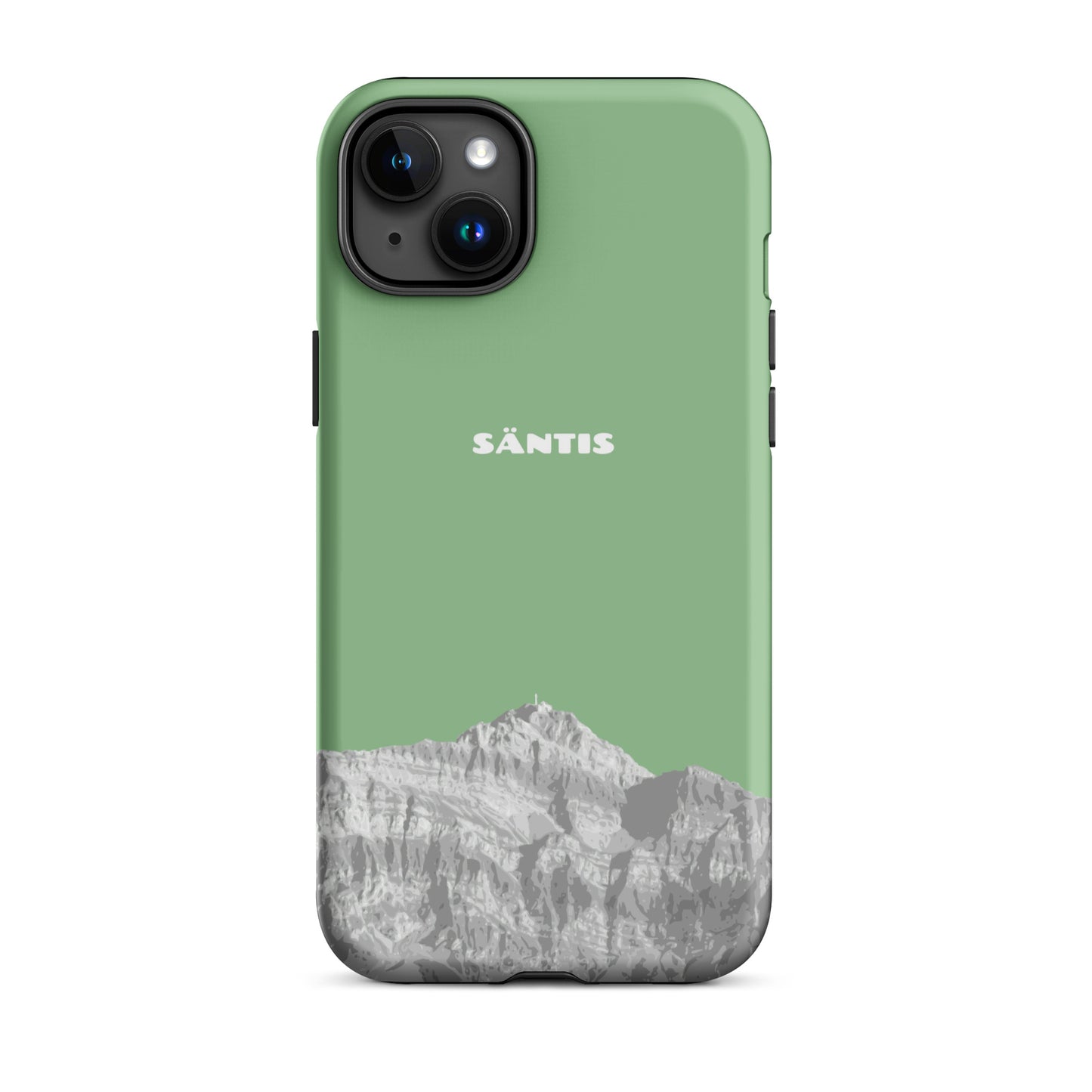 Hülle für das iPhone 15 Plus von Apple in der Farbe Hellgrün, dass den Säntis im Alpstein zeigt.