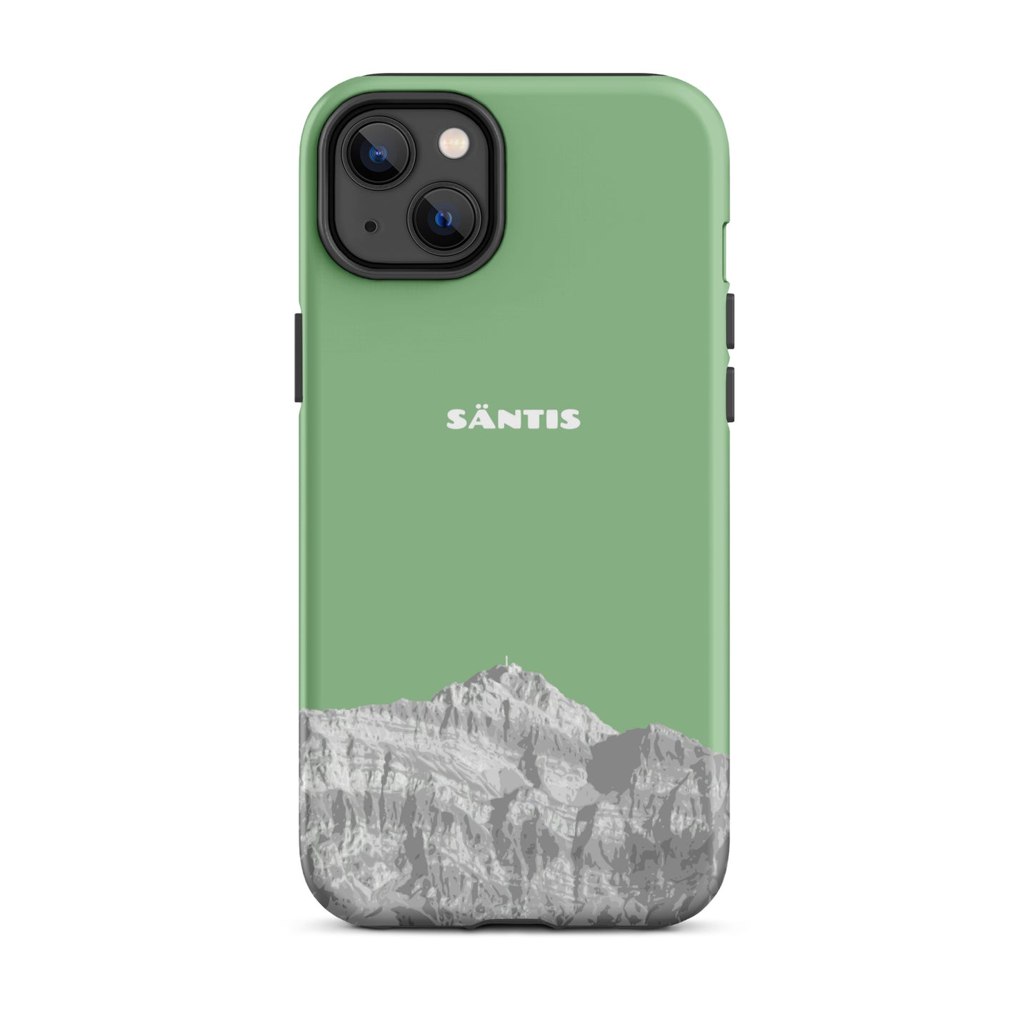 Hülle für das iPhone 14 Plus von Apple in der Farbe Hellgrün, dass den Säntis im Alpstein zeigt.