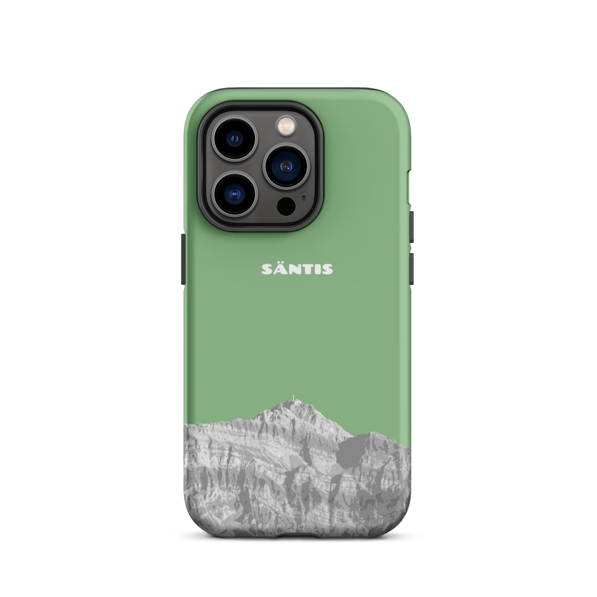 Hülle für das iPhone 14 Pro von Apple in der Farbe Hellgrün, dass den Säntis im Alpstein zeigt.