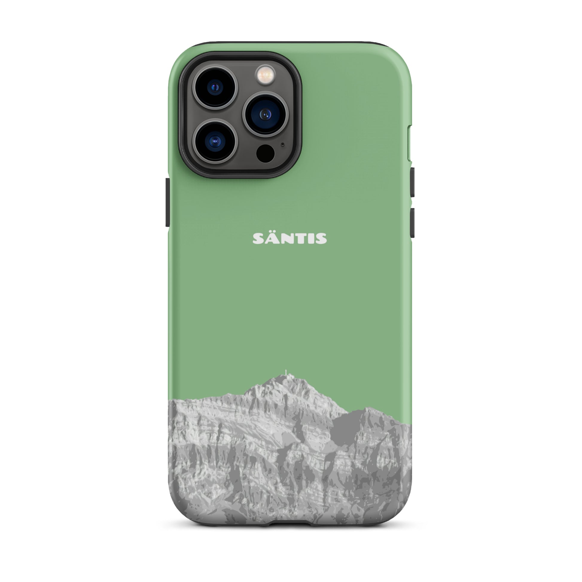 Hülle für das iPhone 13 Pro Max von Apple in der Farbe Hellgrün, dass den Säntis im Alpstein zeigt.