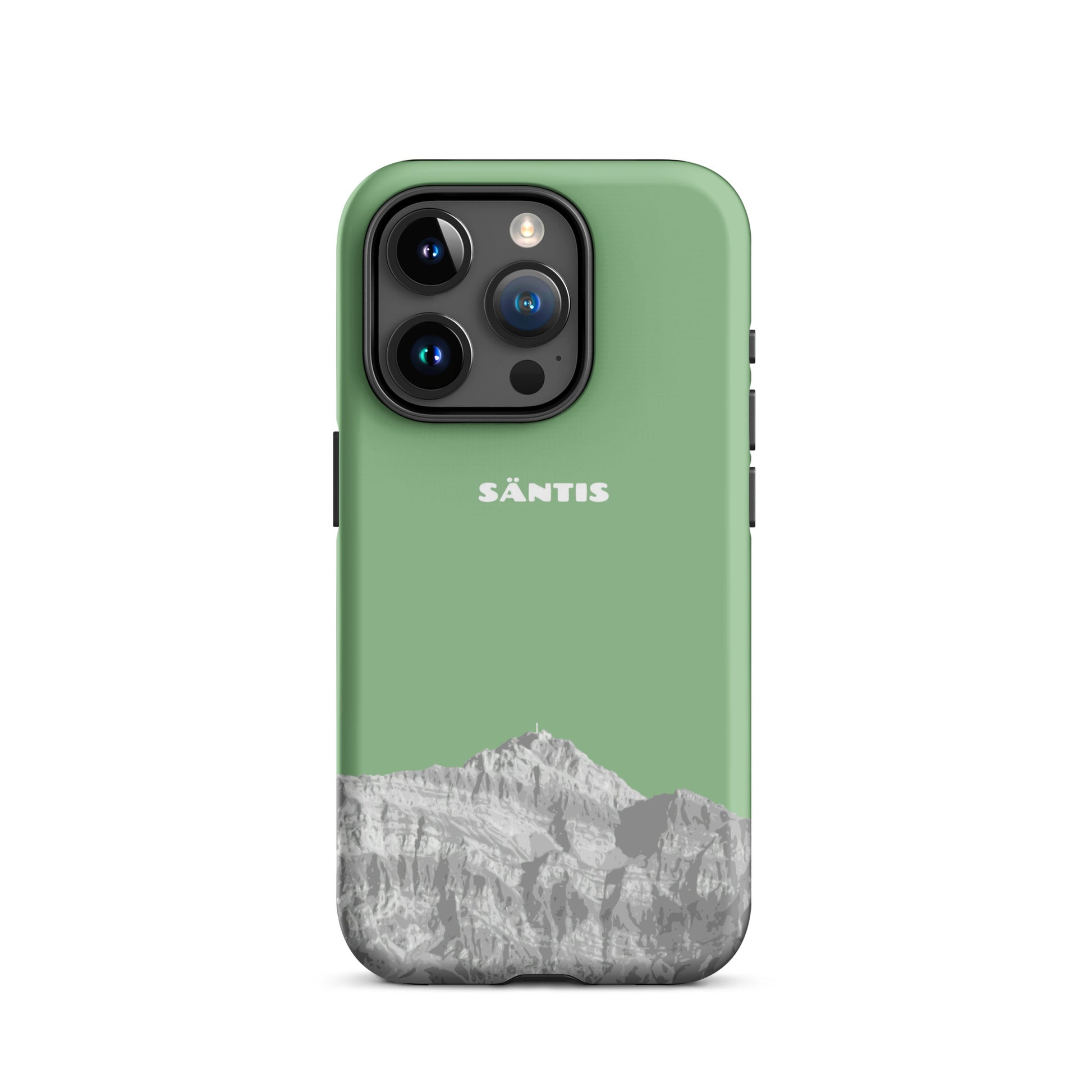 Hülle für das iPhone 15 Pro von Apple in der Farbe Hellgrün, dass den Säntis im Alpstein zeigt.