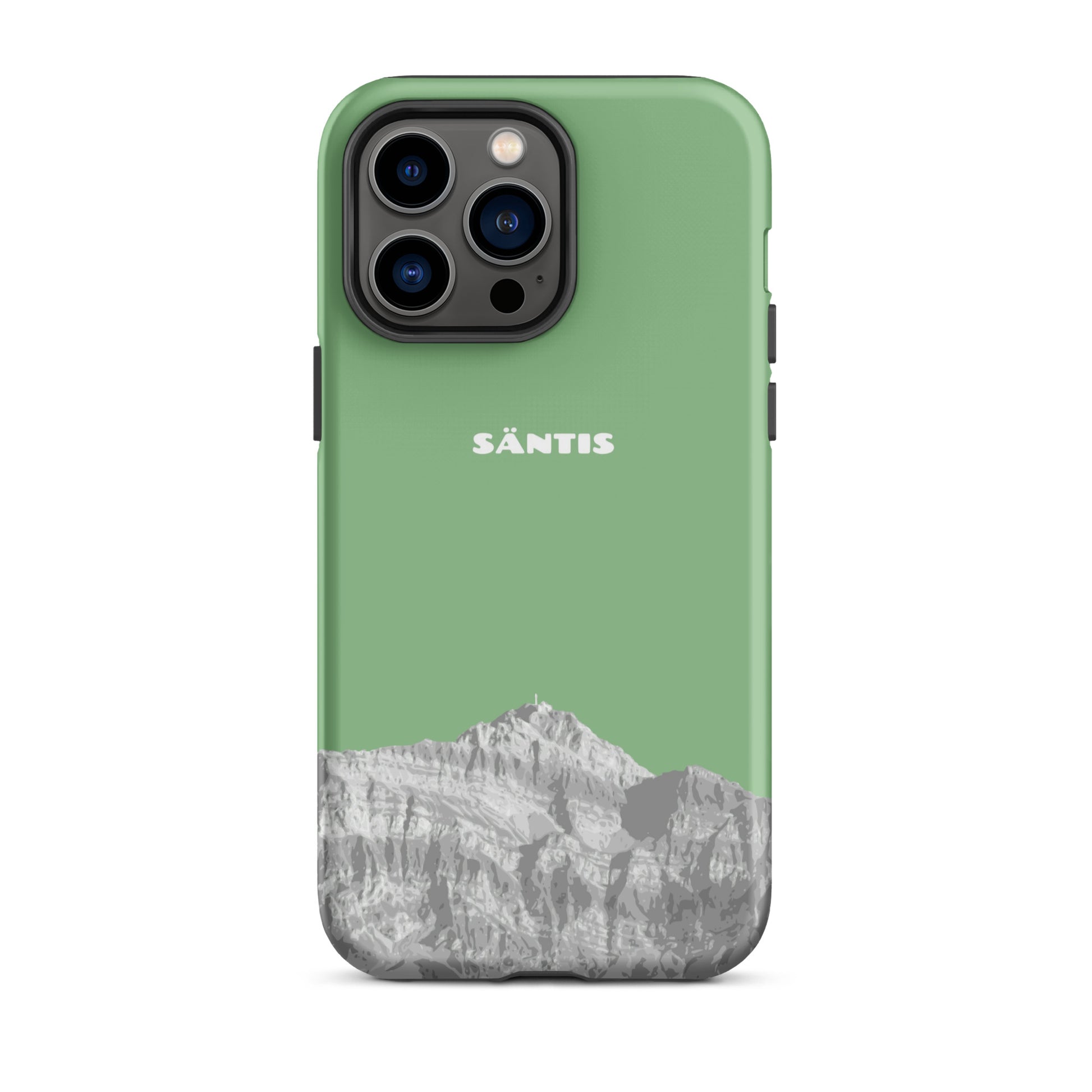Hülle für das iPhone 14 Pro Max von Apple in der Farbe Hellgrün, dass den Säntis im Alpstein zeigt.
