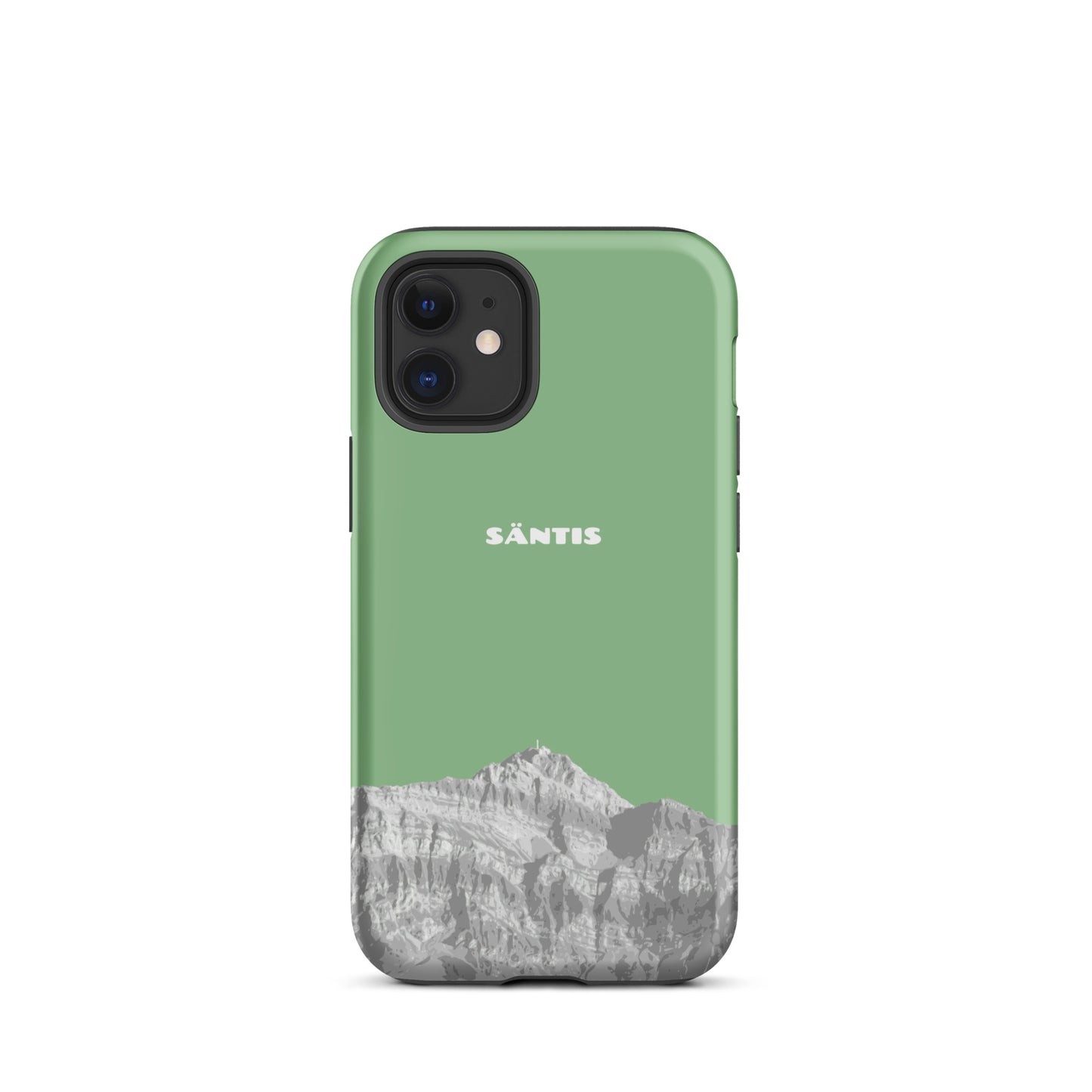 Hülle für das iPhone 12 Mini von Apple in der Farbe Hellgrün, dass den Säntis im Alpstein zeigt.