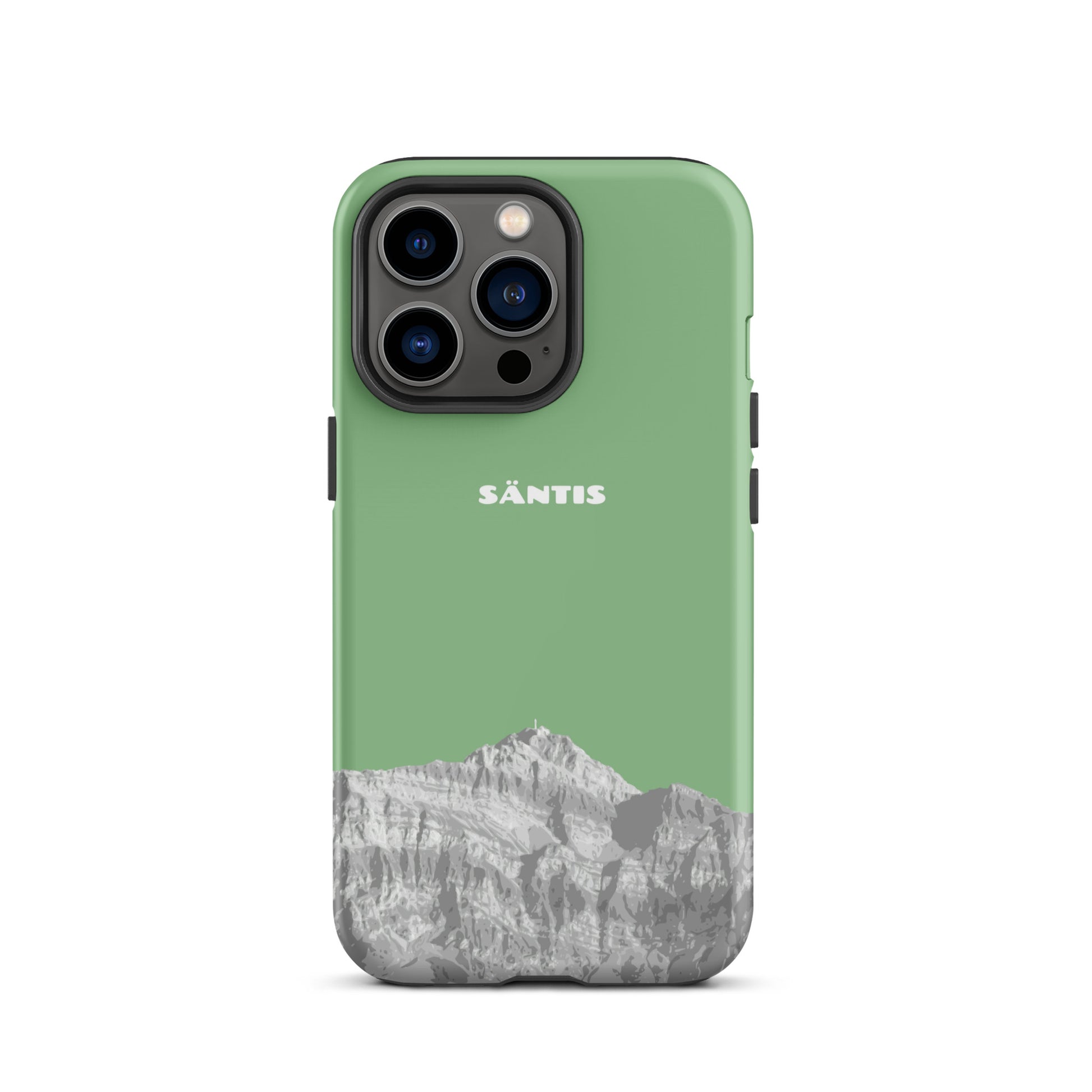 Hülle für das iPhone 13 Pro von Apple in der Farbe Hellgrün, dass den Säntis im Alpstein zeigt.