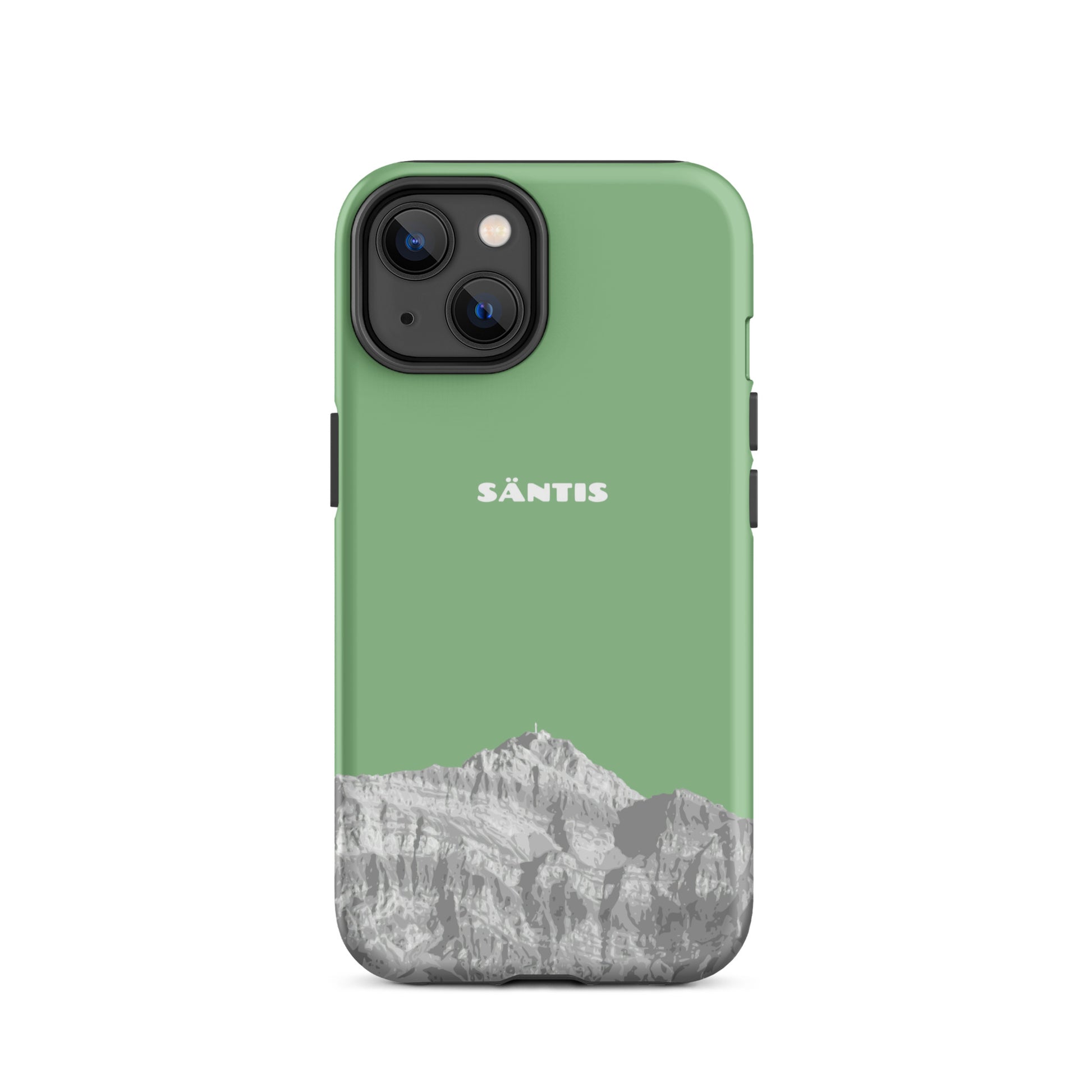 Hülle für das iPhone 14 von Apple in der Farbe Hellgrün, dass den Säntis im Alpstein zeigt.