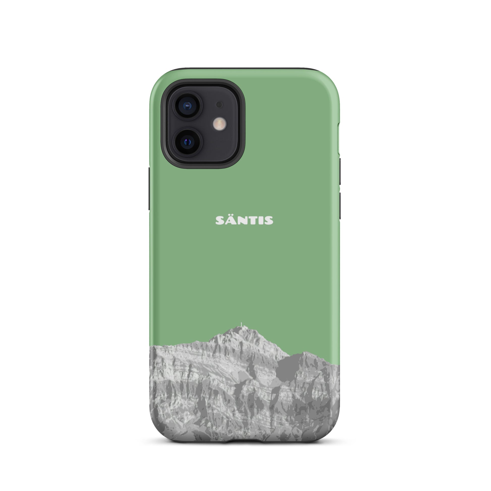 Hülle für das iPhone 12 von Apple in der Farbe Hellgrün, dass den Säntis im Alpstein zeigt.