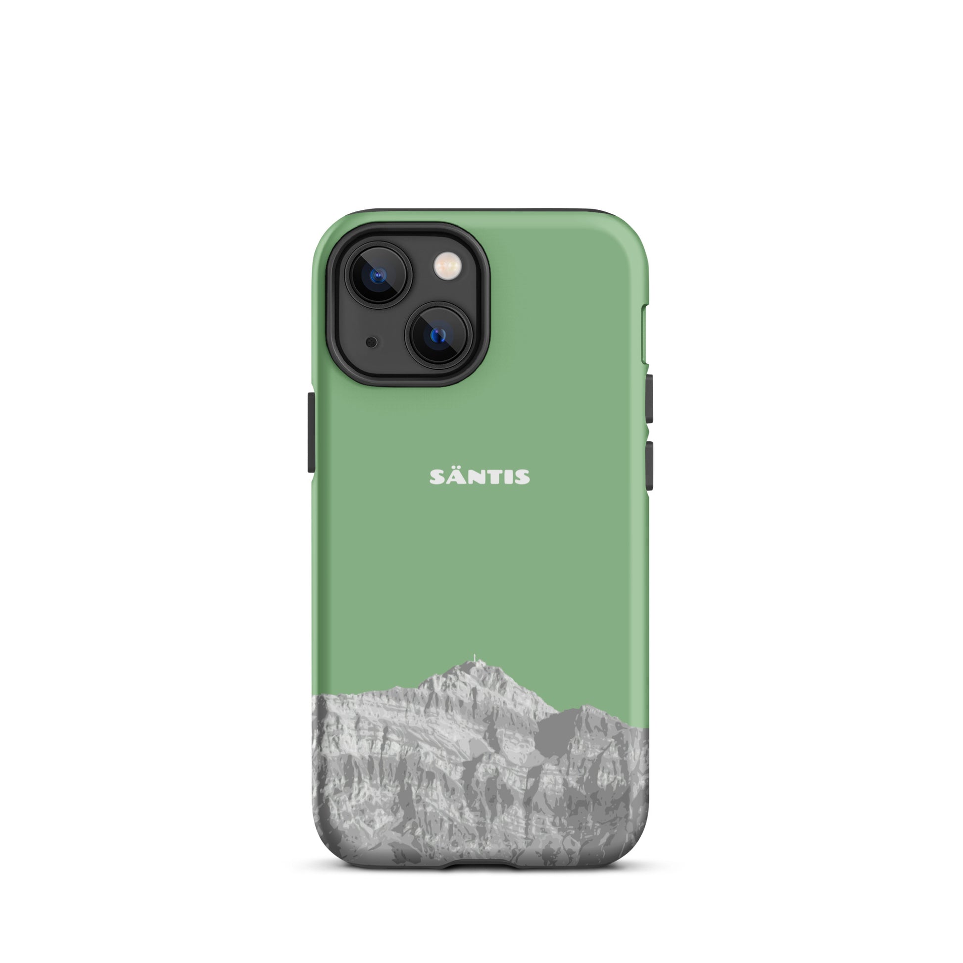 Hülle für das iPhone 13 Mini von Apple in der Farbe Hellgrün, dass den Säntis im Alpstein zeigt.