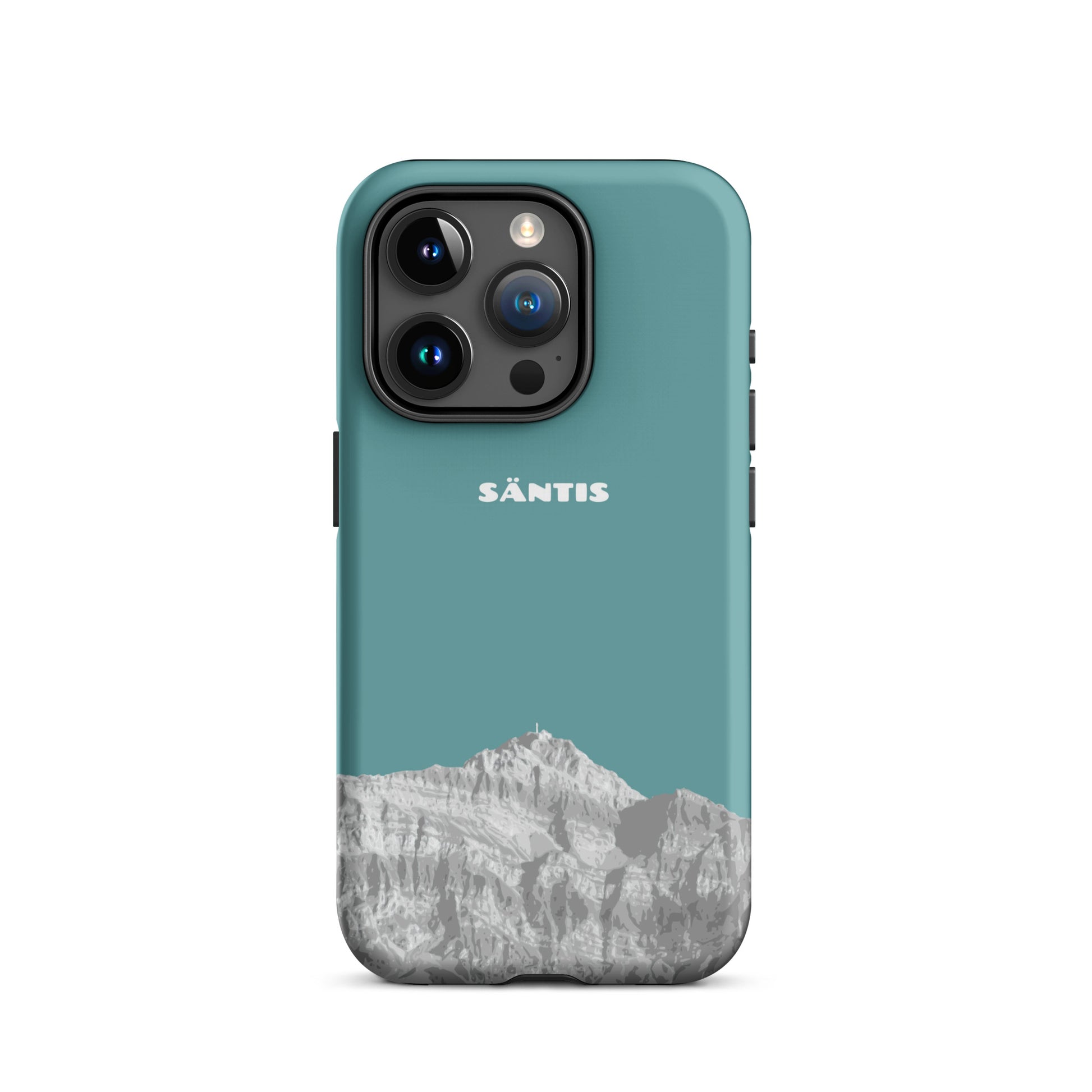 Hülle für das iPhone 15 Pro von Apple in der Farbe Kadettenblau, dass den Säntis im Alpstein zeigt.