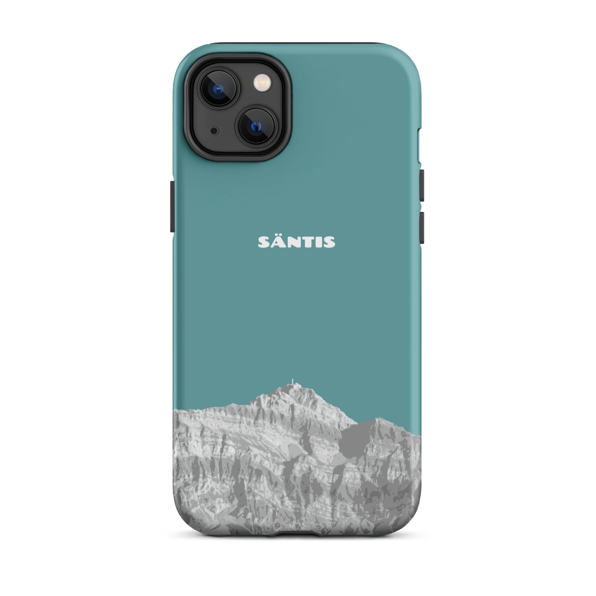 Hülle für das iPhone 14 Plus von Apple in der Farbe Kadettenblau, dass den Säntis im Alpstein zeigt.