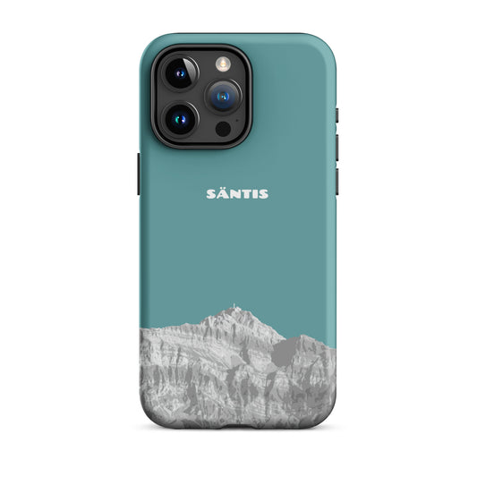 Hülle für das iPhone 15 Pro Max von Apple in der Farbe Kadettenblau, dass den Säntis im Alpstein zeigt.