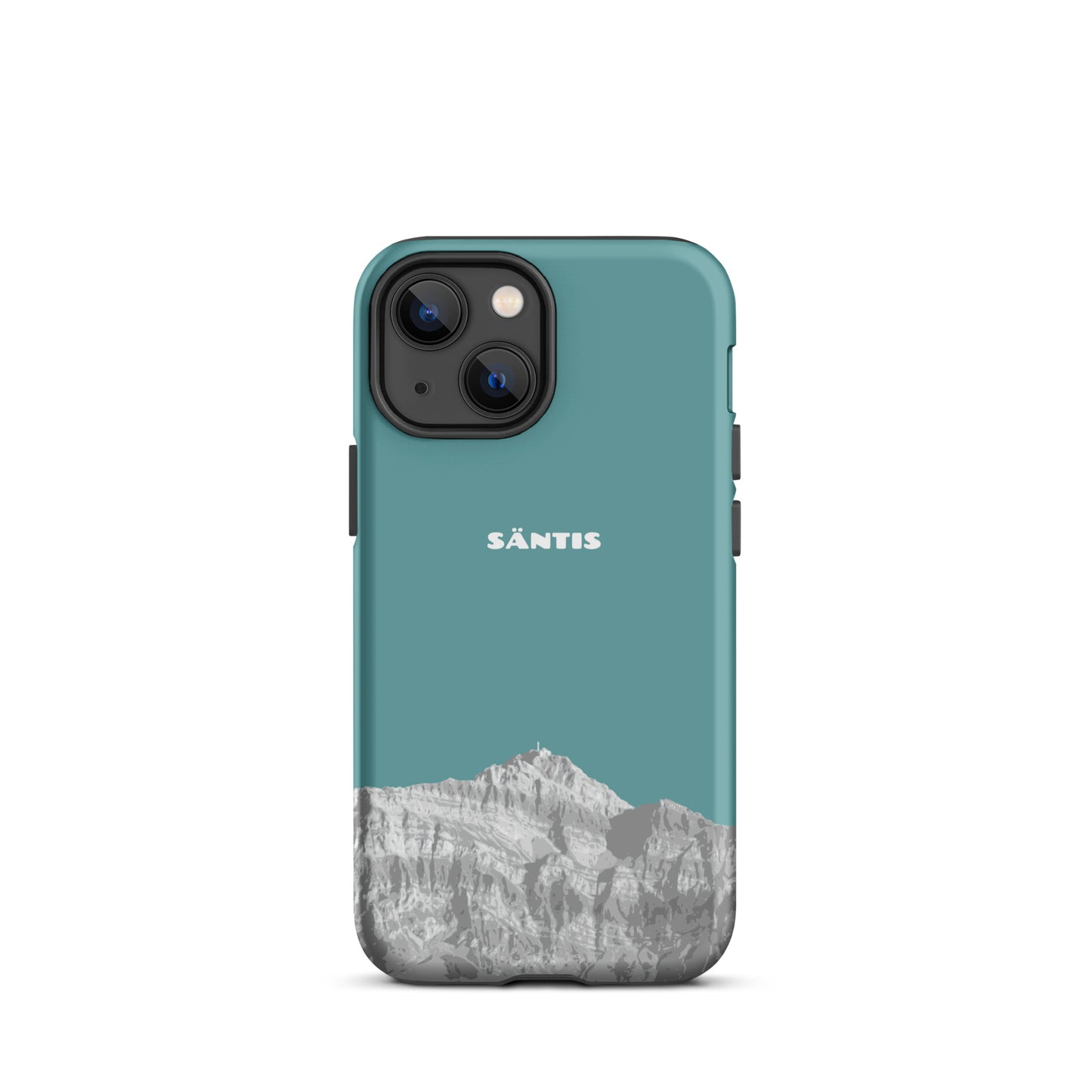 Hülle für das iPhone 13 Mini von Apple in der Farbe Kadettenblau, dass den Säntis im Alpstein zeigt.