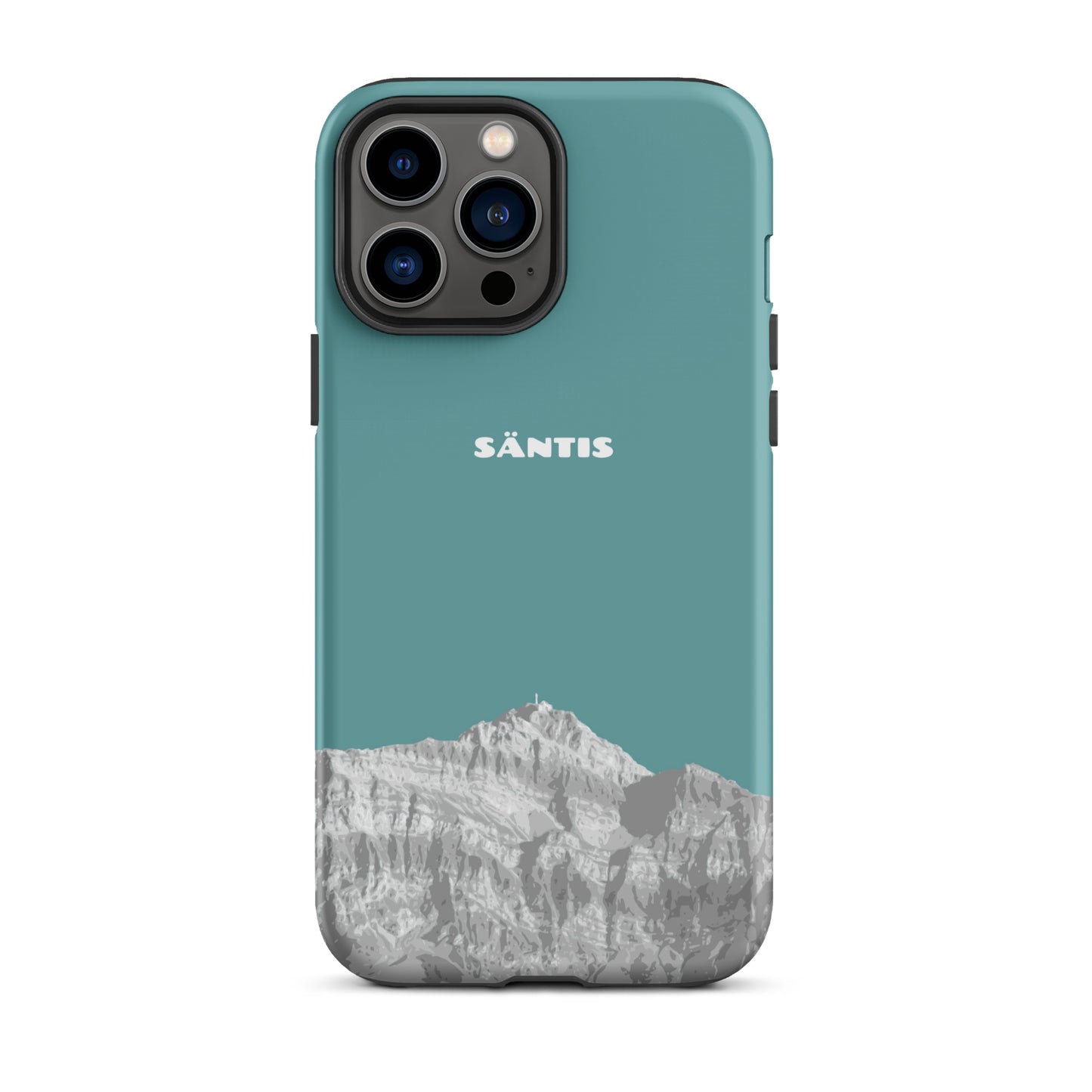 Hülle für das iPhone 13 Pro Max von Apple in der Farbe Kadettenblau, dass den Säntis im Alpstein zeigt.
