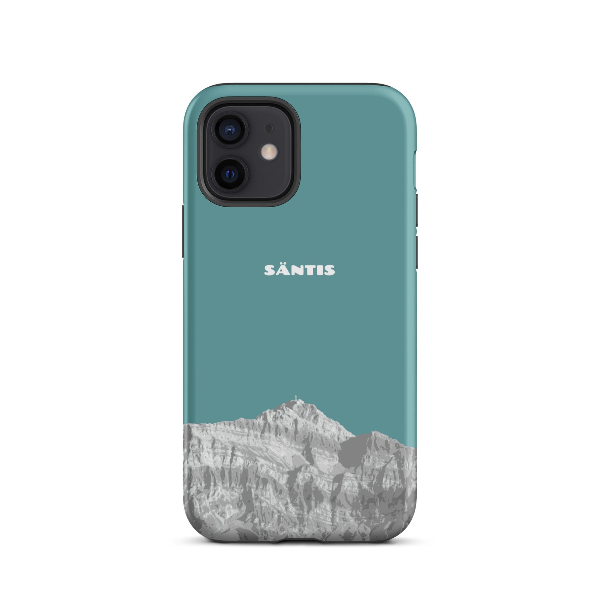 Hülle für das iPhone 12 von Apple in der Farbe Kadettenblau, dass den Säntis im Alpstein zeigt.