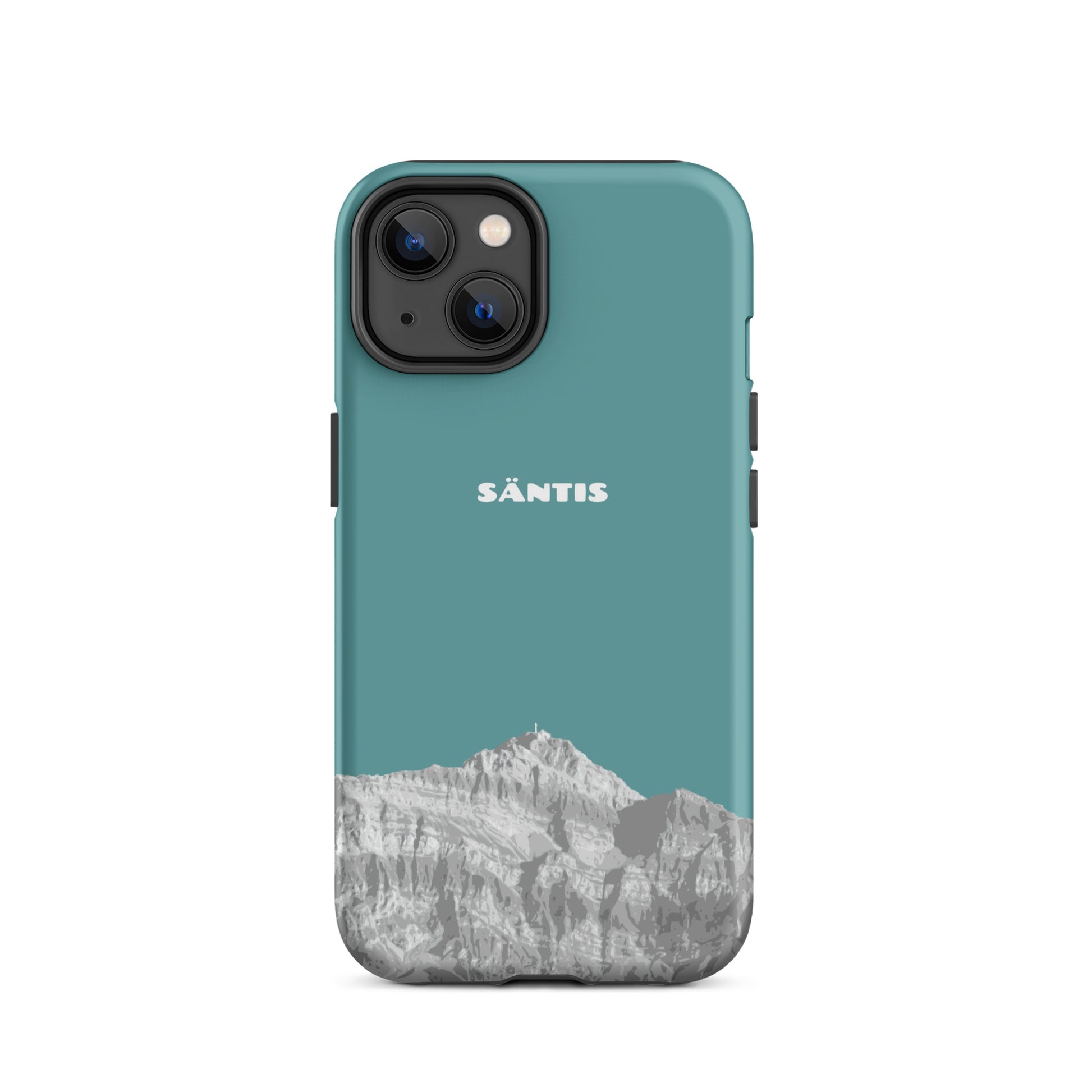 Hülle für das iPhone 14 von Apple in der Farbe Kadettenblau, dass den Säntis im Alpstein zeigt.