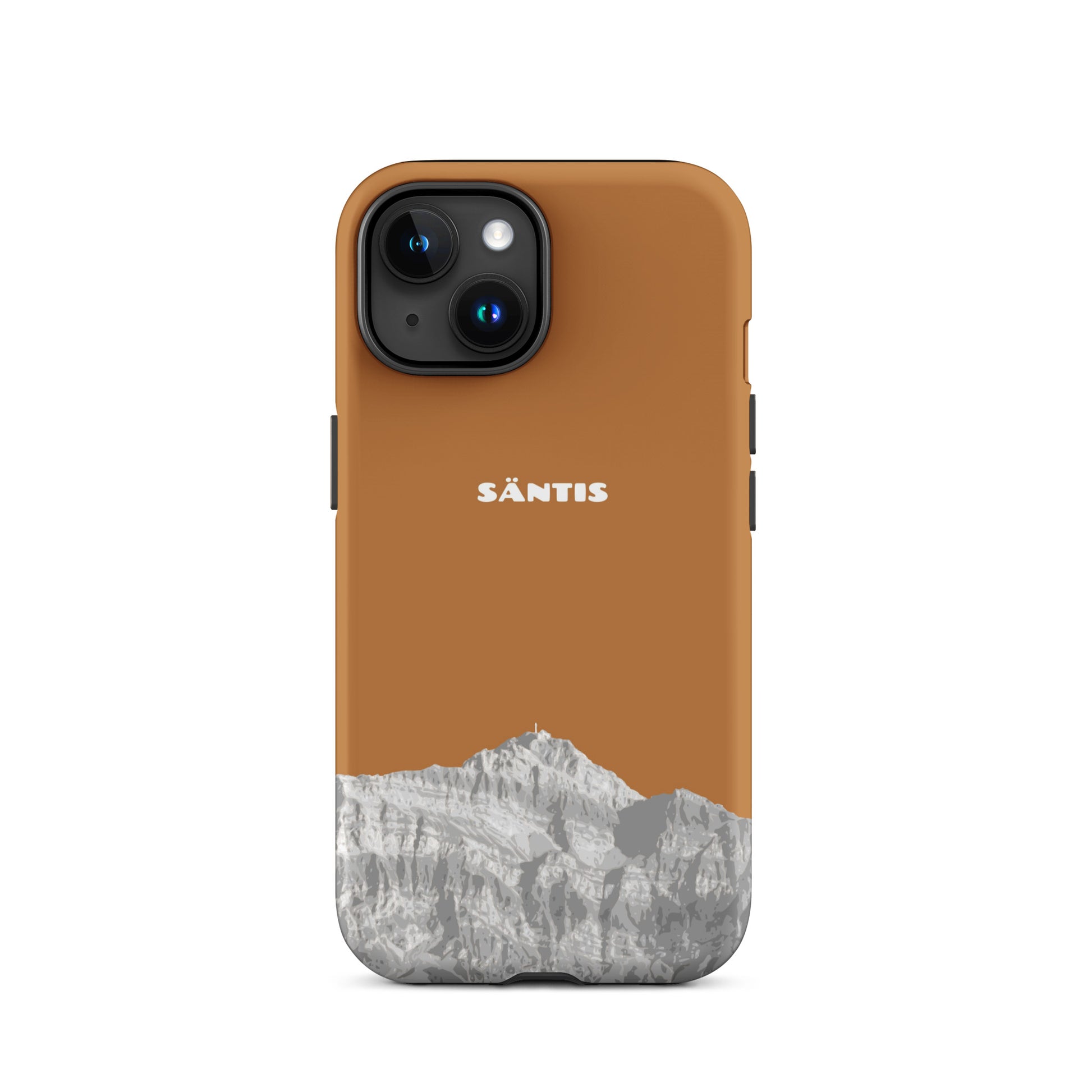 Hülle für das iPhone 15 von Apple in der Farbe Kupfer, dass den Säntis im Alpstein zeigt.