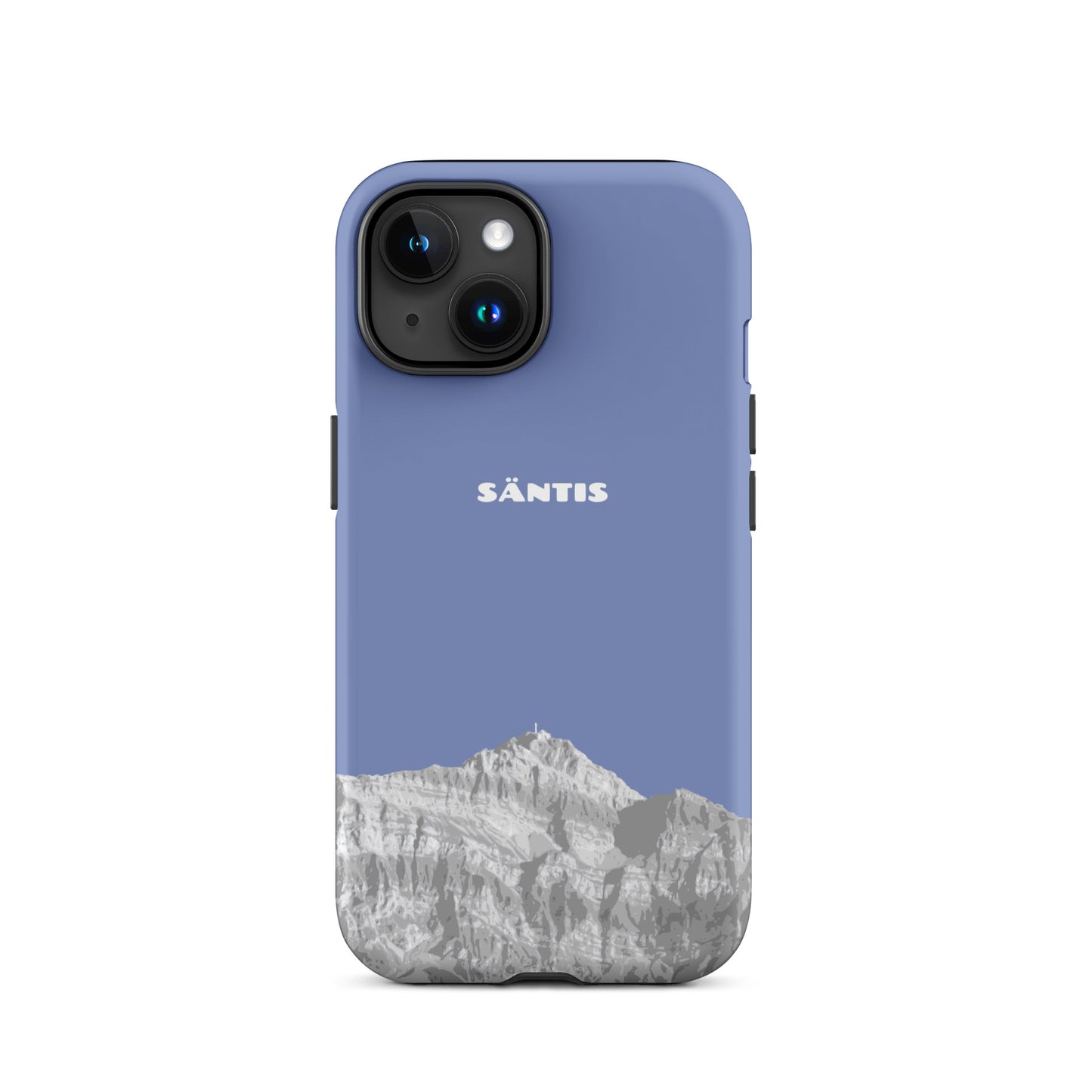 Hülle für das iPhone 15 von Apple in der Farbe Pastellblau, dass den Säntis im Alpstein zeigt.