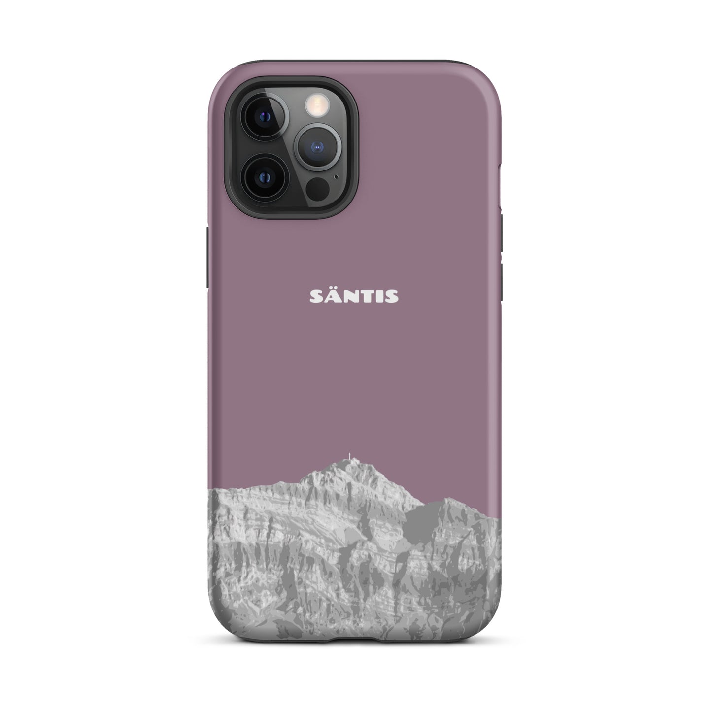 Hülle für das iPhone 12 Pro Max von Apple in der Farbe Pastellviolett, dass den Säntis im Alpstein zeigt.