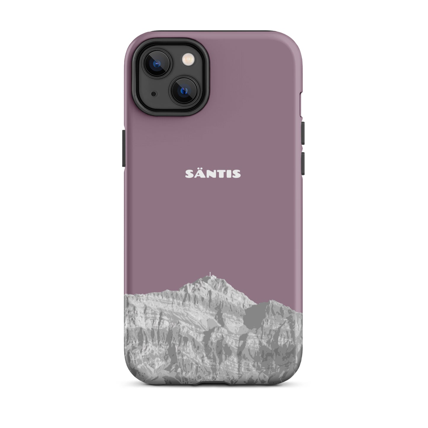 Hülle für das iPhone 14 Plus von Apple in der Farbe Pastellviolett, dass den Säntis im Alpstein zeigt.