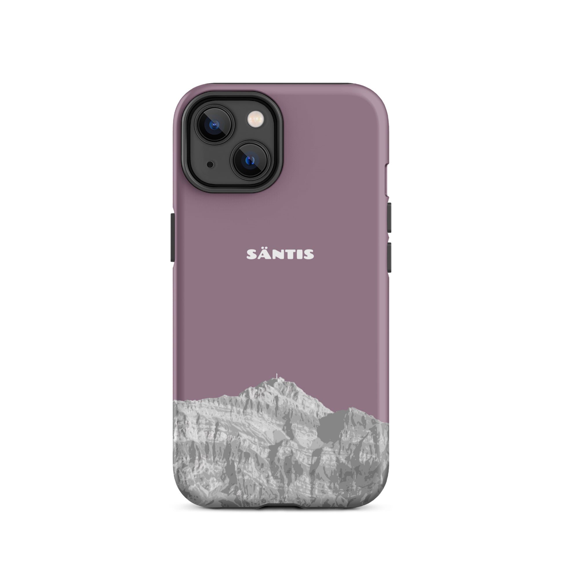 Hülle für das iPhone 14 von Apple in der Farbe Pastellviolett, dass den Säntis im Alpstein zeigt.