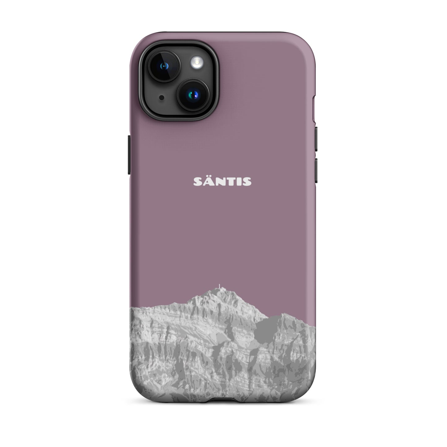Hülle für das iPhone 15 Plus von Apple in der Farbe Pastellviolett, dass den Säntis im Alpstein zeigt.