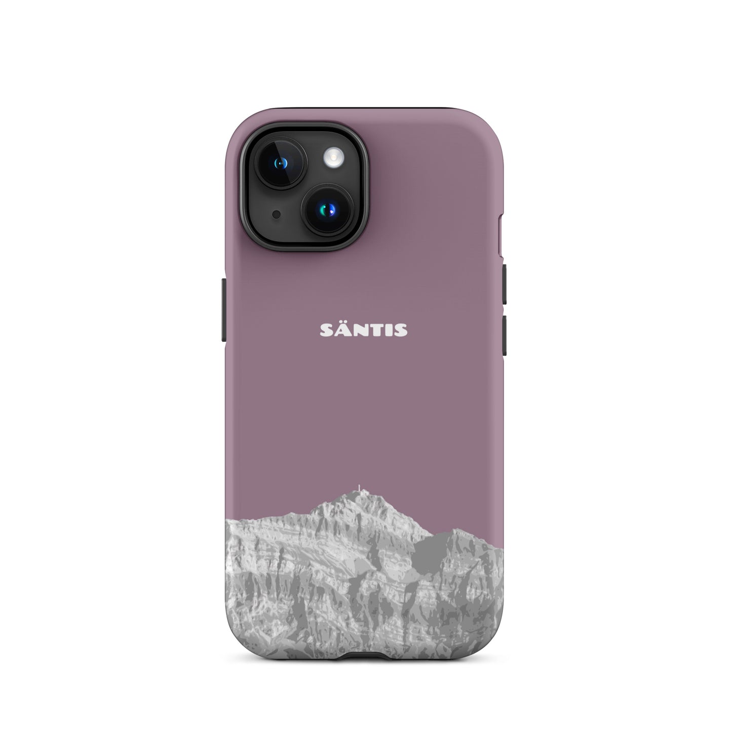 Hülle für das iPhone 15 von Apple in der Farbe Pastellviolett, dass den Säntis im Alpstein zeigt.