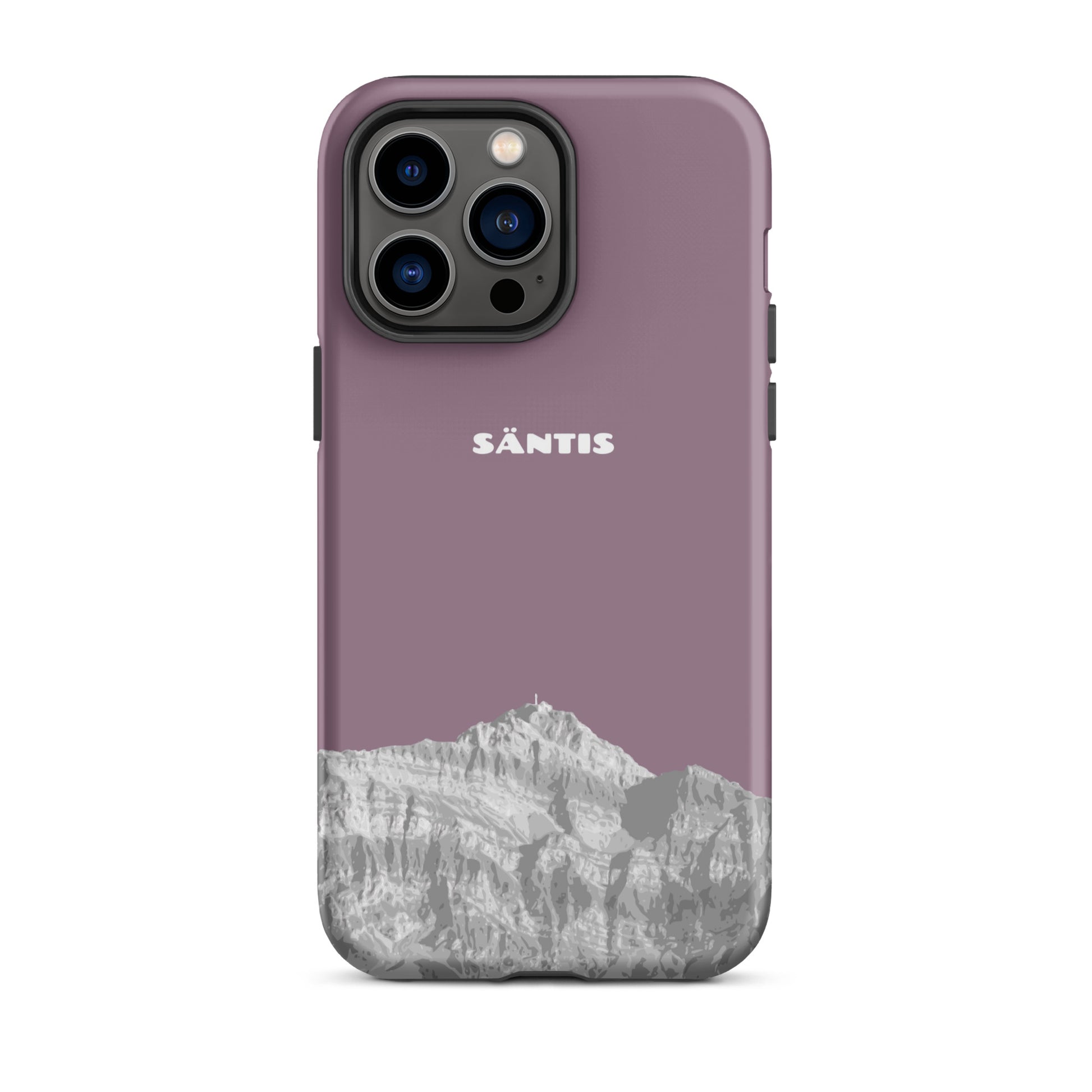 Hülle für das iPhone 14 Pro Max von Apple in der Farbe Pastellviolett, dass den Säntis im Alpstein zeigt.