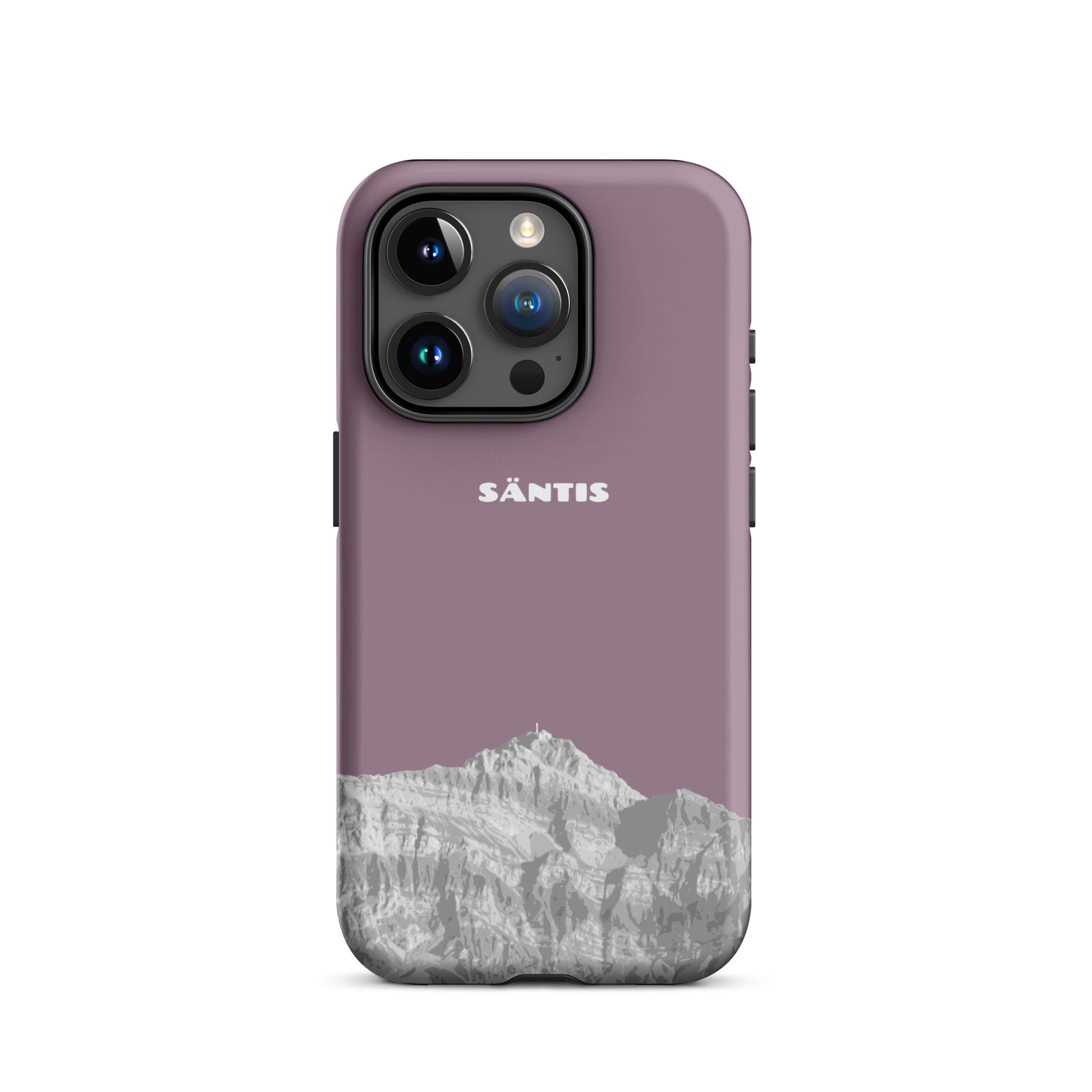 Hülle für das iPhone 15 Pro von Apple in der Farbe Pastellviolett, dass den Säntis im Alpstein zeigt.