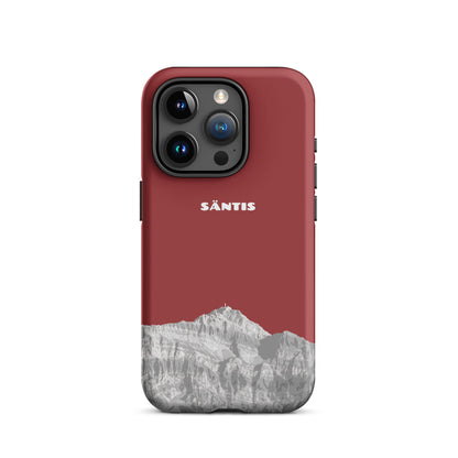 Rote iPhone 15 Pro Handyhülle mit Säntis-Motiv aus dem Alpstein, robustes Design.
