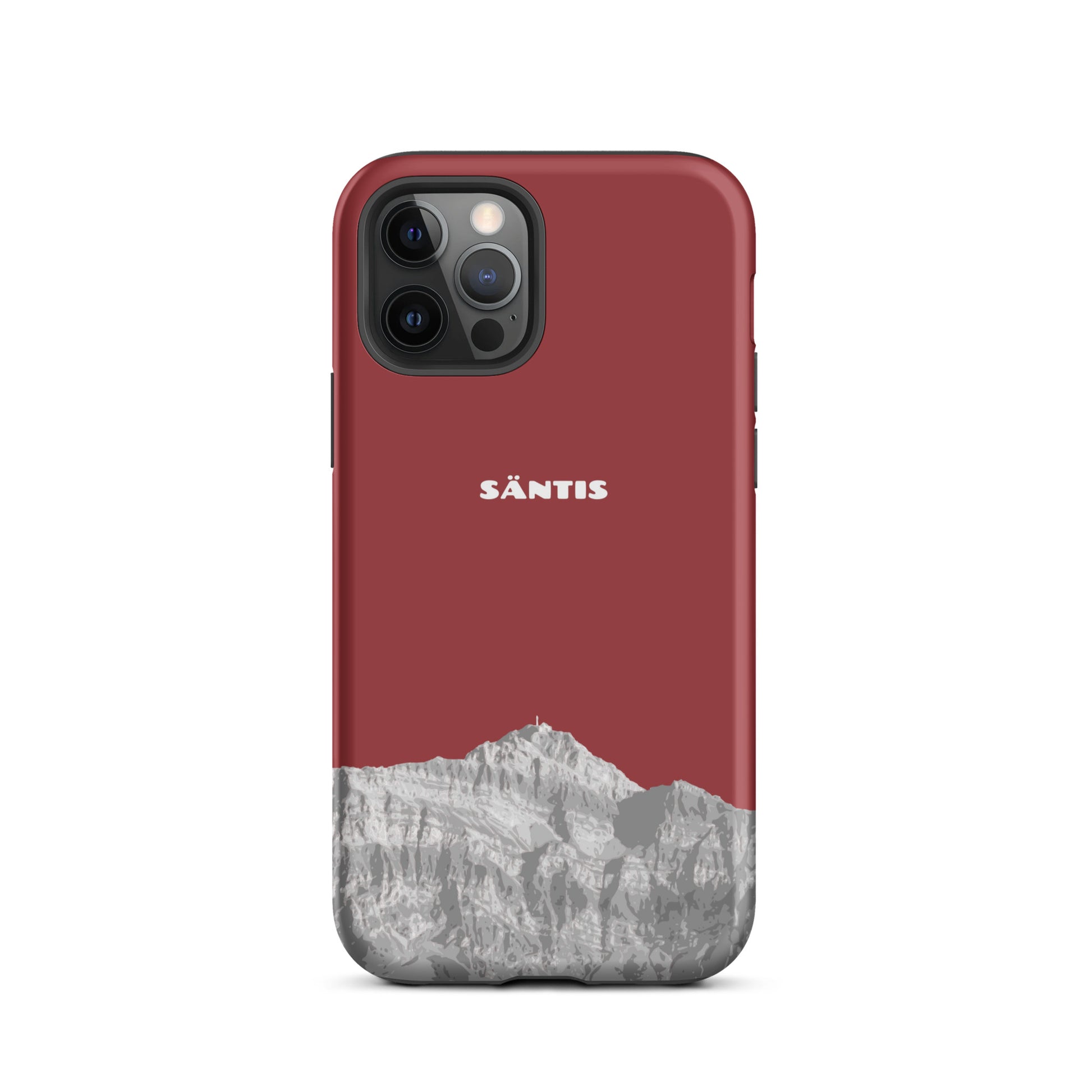 Rote iPhone 15 Pro Max Hülle mit Säntis-Motiv aus dem Alpstein, robustes Design.