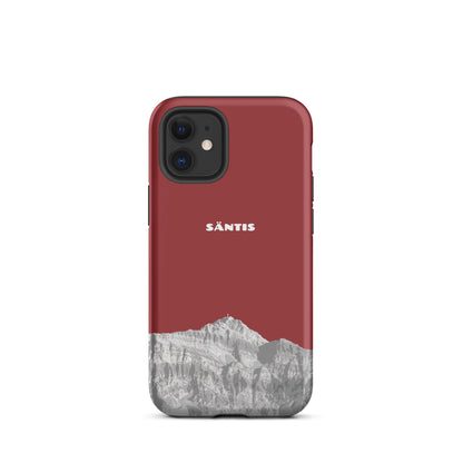 Rote iPhone 12 Mini Handyhülle mit Säntis-Motiv aus dem Alpstein, robustes Design.
