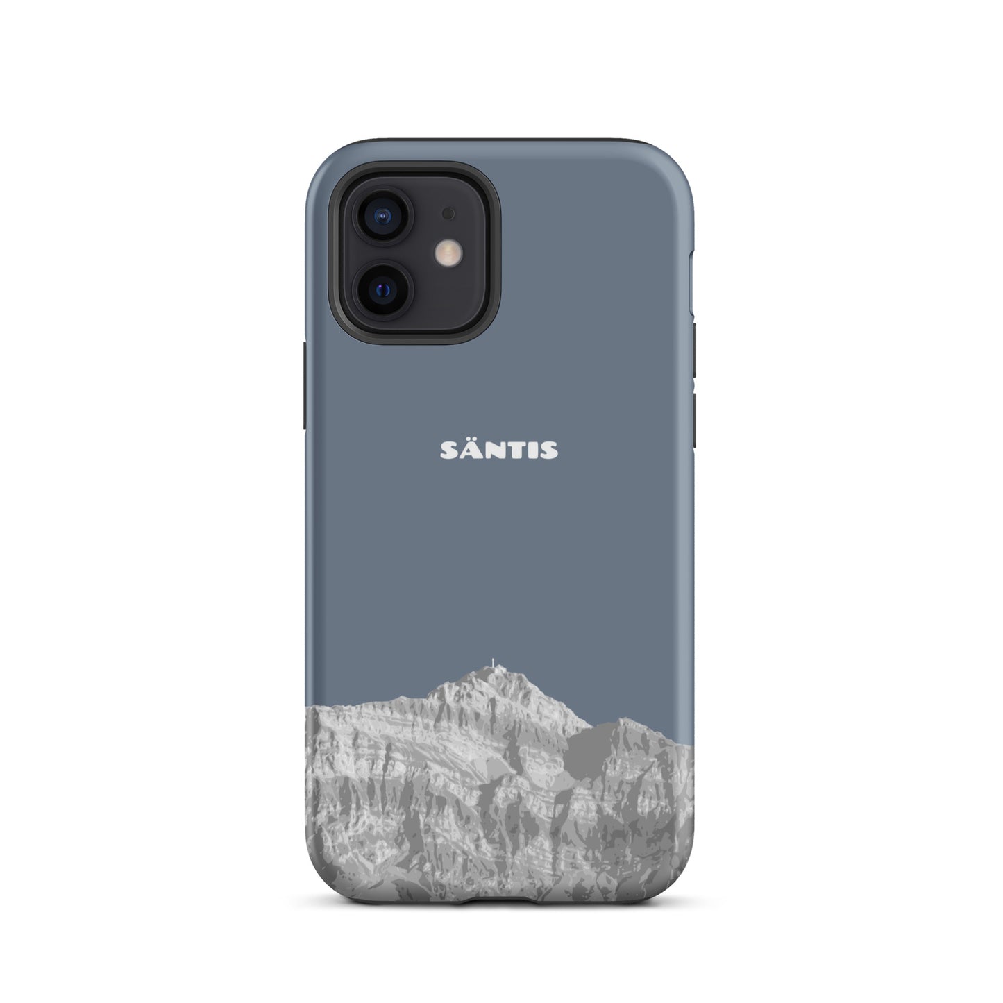 Hülle für das iPhone 12 von Apple in der Farbe Schiefergrau, dass den Säntis im Alpstein zeigt.