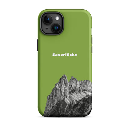 Gelbe iPhone Hülle mit Saxerlücke-Motiv, robustes Design, Alpstein-Landschaft, Schutzhülle für iPhone