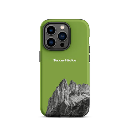 Gelbgrüne iPhone-Hülle mit Saxerlücke-Motiv, robustes Design, Schutz für dein Handy
