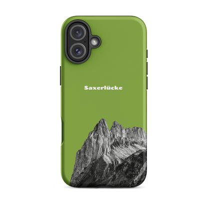 Gelbgrüne iPhone-Hülle mit Saxerlücke-Motiv, robustes Design, Alpstein-Panorama, Schutzhülle