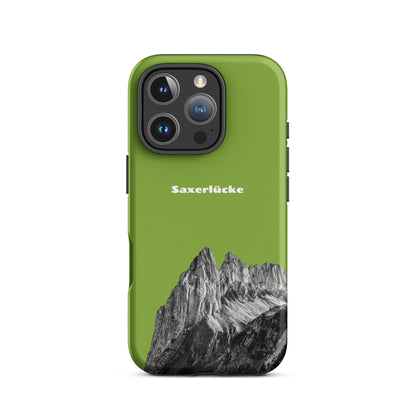 Gelbgrüne iPhone-Hülle mit Saxerlücke-Motiv, robustes Design, Schutzhülle für iPhone.