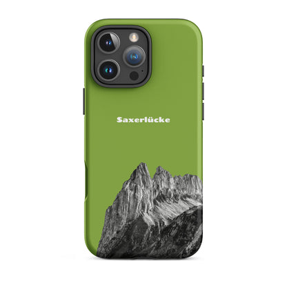 Gelbgrüne iPhone-Hülle mit Saxerlücke-Motiv, robustes Design, Alpstein-Landschaft.