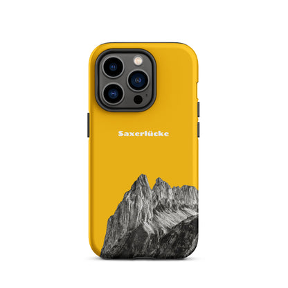 iPhone Case Saxerlücke in Goldgelb, robuste Schutzhülle mit Alpstein-Motiv, attraktives Design.