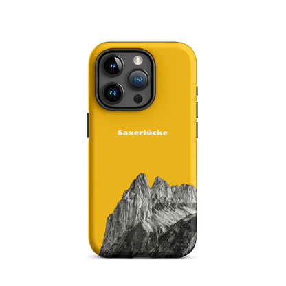 Goldgelbe iPhone Hülle mit Saxerlücke-Motiv, robustes Design, Schutzhülle für iPhone.