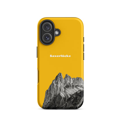 Goldgelbe iPhone Hülle mit Saxerlücke Motiv im Alpstein, robuste Schutzhülle aus hochwertigem Material.