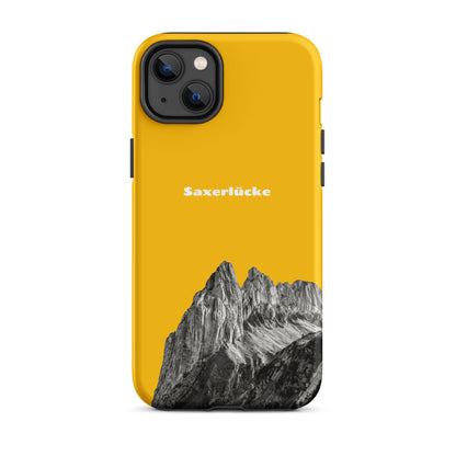 Goldgelbe iPhone-Hülle mit Saxerlücke-Motiv, robustes Design, Alpstein-Szenerie.