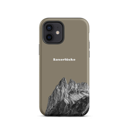 Robuste iPhone Hülle in Graubraun mit Saxerlücke-Motiv aus dem Alpstein, Schutzhülle mit attraktivem Design.