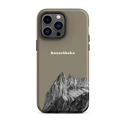 Robuste iPhone-Hülle in Graubraun mit Saxerlücke-Motiv aus dem Alpstein, schützendes Design