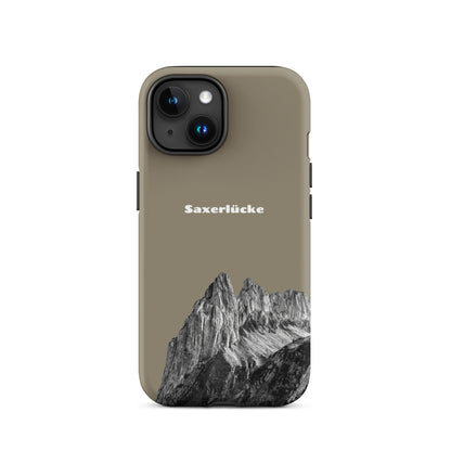 Robuste iPhone Hülle in Graubraun mit Saxerlücke-Motiv aus dem Alpstein, schweizer Design.