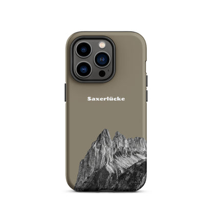 Robuste iPhone Hülle in Graubraun mit Saxerlücke-Motiv aus dem Alpstein, Schutzhülle im attraktiven Design