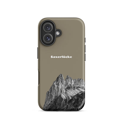 Robuste iPhone-Hülle in Graubraun mit Saxerlücke-Motiv aus dem Alpstein, Schutzhülle mit attraktivem Design.