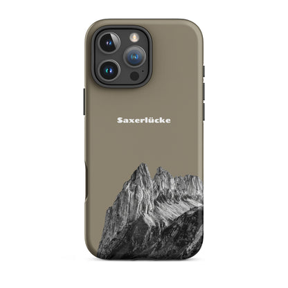 Robuste iPhone-Hülle in Graubraun mit Saxerlücke-Motiv im Alpstein-Design, schützende Handyhülle.