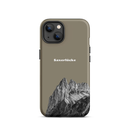 Robuste iPhone-Hülle in Graubraun mit Saxerlücke-Motiv aus dem Alpstein, Schutzhülle mit attraktivem Design.