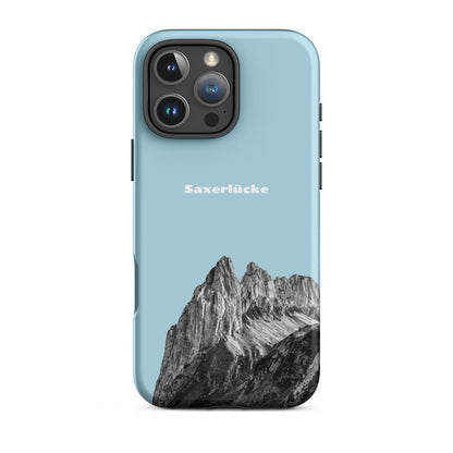 Robuste iPhone-Hülle in Hellblau mit Saxerlücke-Motiv im Alpstein-Design, Schutzhülle aus widerstandsfähigem Material.